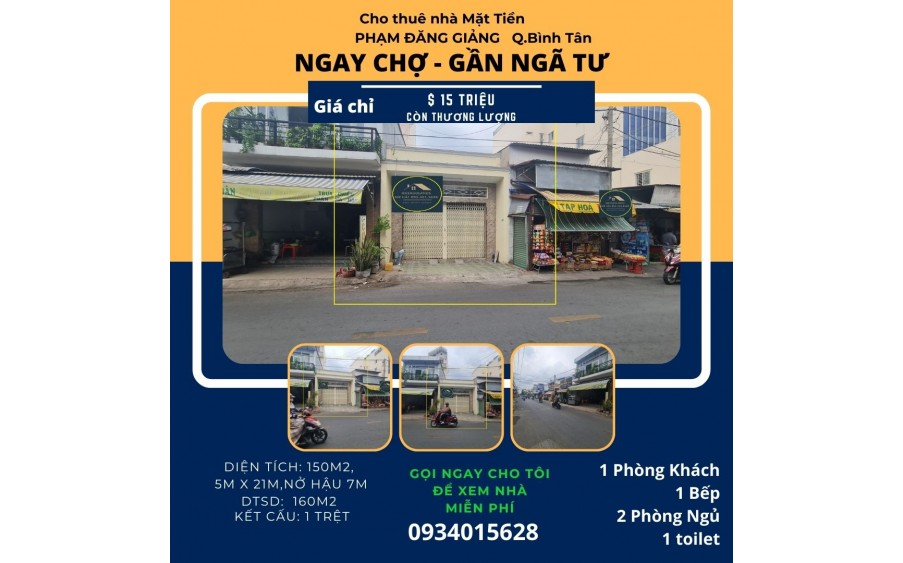 Cho thuê nhà mặt tiền Phạm Đăng Giảng 150m2, 15 triệu - NGAY CHỢ